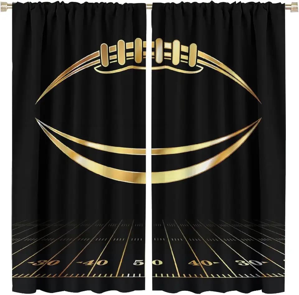American Football Blackout Window Curtains, Black and Gold Kids Football Window Drapes, for Teens Boys Young Man Living Room Bedroom 21(W)*45(L) 2 Panels