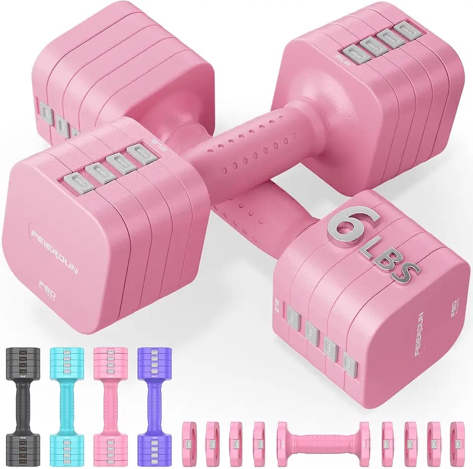 FEIERDUN DB3 5-in-1 Adjustable Dumbbell Set, 6LB/10LB Pair Adjustable Weights for Women at Home, Dual Locking Stable Hand Weights with TPU Soft Handle, Home Gym, Rehab, Pilates, Yoga, Strength Training
