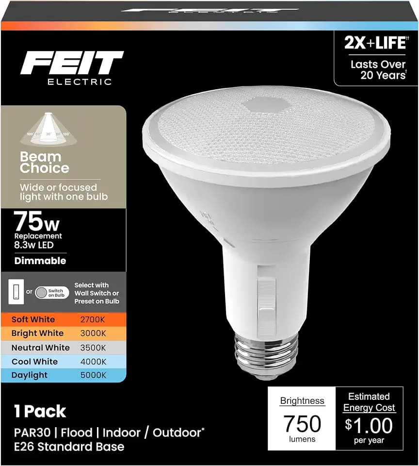 Feit Electric PAR30 LED Reflector Light, 75W Equivalent, Dimmable, Adjustable Beam, Adjustable White (2700K-5000K), 90+ CRI, Indoor/Outdoor, Track Lighting, 25,000-Hour Lifetime, PAR30L/ADJ/6WYCA