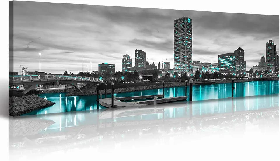 Milwaukee Skyline Canvas Wall Art Decor 14x48in Framed Panoramic City Print