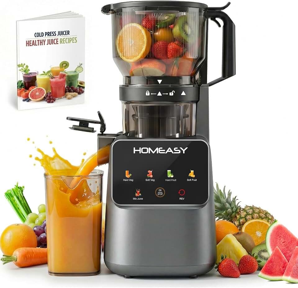 HOMEASY Cold Press Juicer Machines, 5.8'' Large Feed Chute for Whole Fruits and Vegetables, 300W Slow Masticating Juicer, High Juice Yield, 5 Smart Modes, Easy to Clean