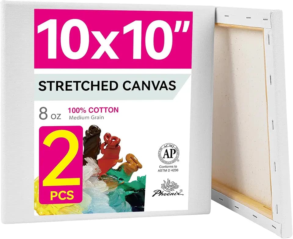 PHOENIX 10x10 Inch Pack of 2 Canvas - Square Stretched Canvases for Painting, 8 Oz Triple Primed 5/8 Inch Profile 100% Cotton White Blank Framed Canvas for Oil Acrylic & Pouring Art