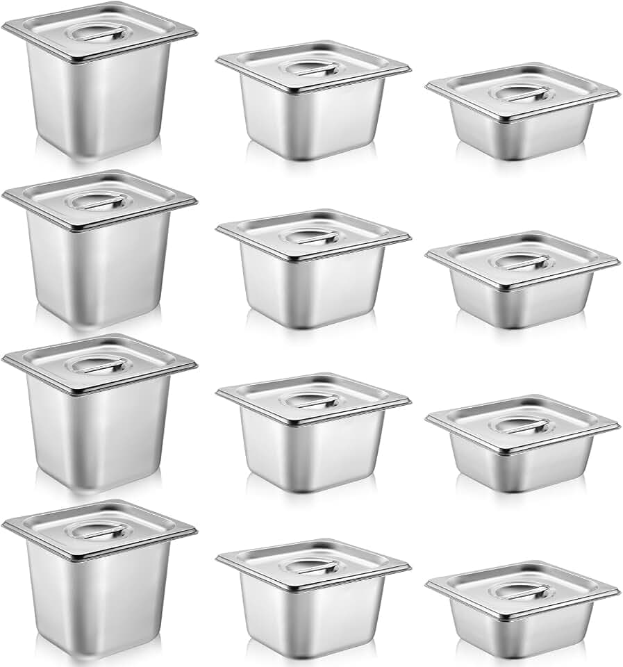 Ziliny 12 Pack 1/6 Size Stainless Hotel Pans with Lids