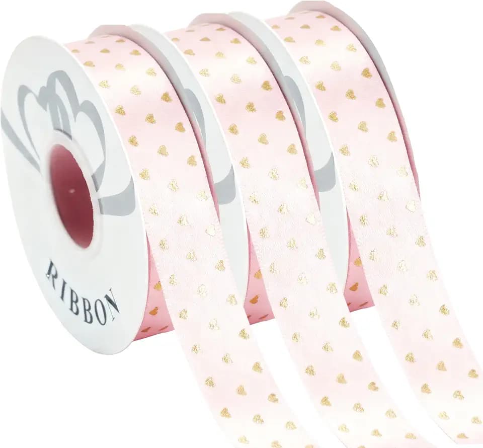 Gold Heart Print Gift Ribbon - 1 Inch 75 Yards Assorted Color Edge Satin Ribbon for Gift Wrapping, Crafts, Wedding Decorations, Christmas, Birthday Party Supplies - 3 Rolls Pink