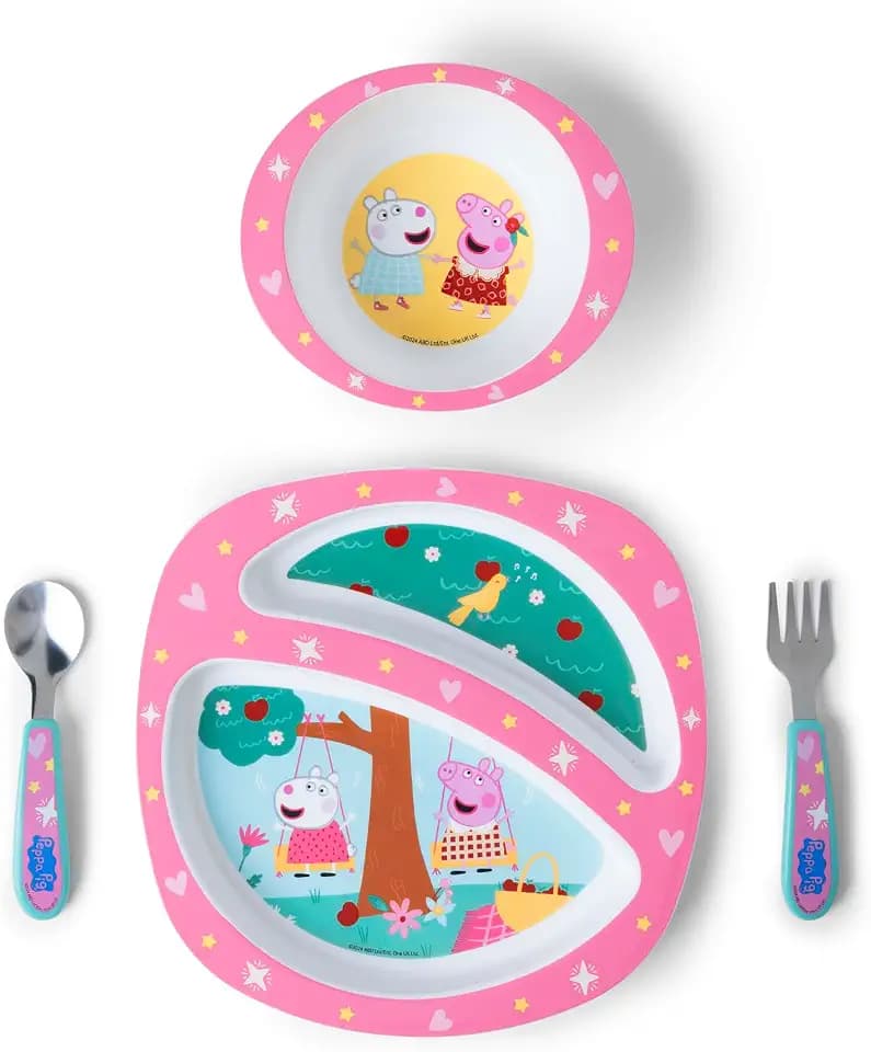 The First Years Peppa Pig Toddler Dinnerware Set - Includes Plate, Divided Bowl, and Utensils - Dishwasher Safe Toddler Feeding Supplies Made Without BPA - 4 Count
