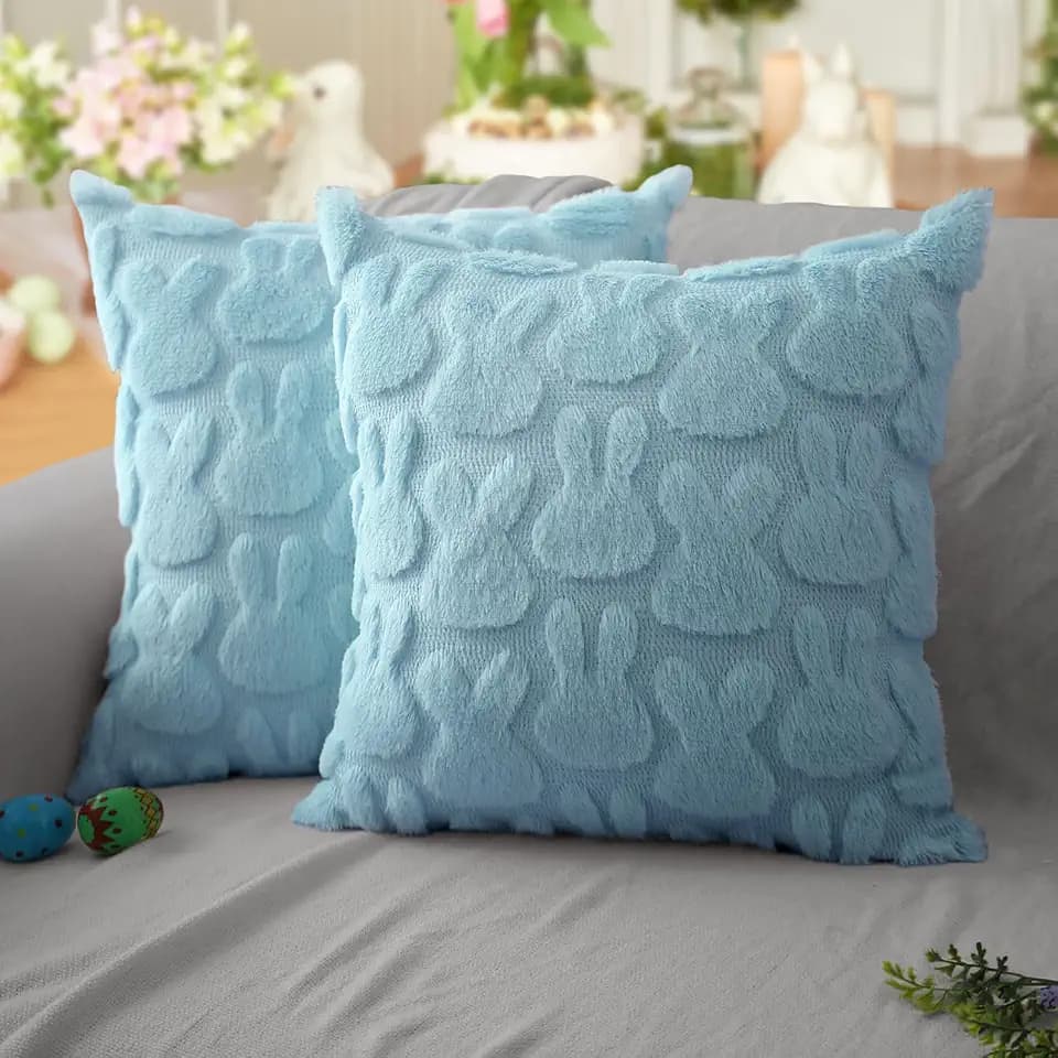 DFXSZ Easter Pillow Covers 20x20 inch Set of 2 Easter Decoration Blue Rabbit Soft Plush Faux Fur Jacquard Throw Pillows for Bedroom Sofa Holiday Festivals Home Decor FHJ-010D20
