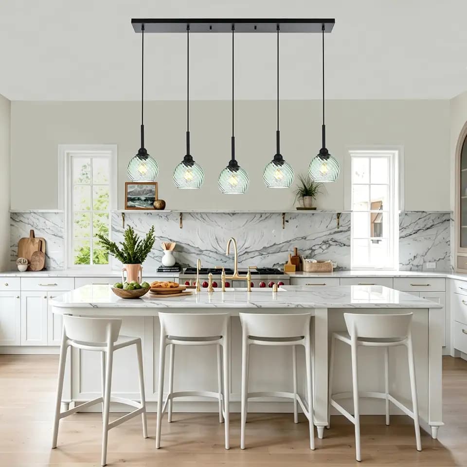 5 Light Pendant Light Kitchen Island Pendant Lights with Green Glass Shade Pendant Light Modern Hanging Light for Dining Room Bedroom
