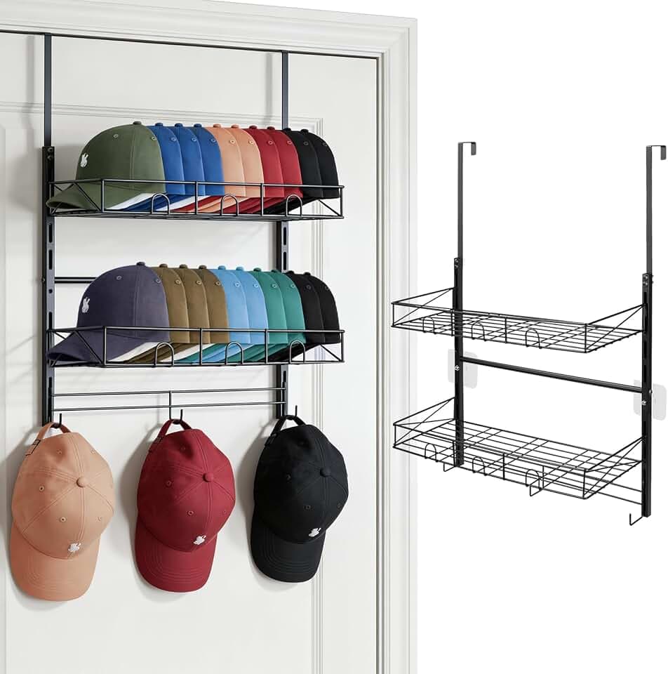 Widousy Over the Door Hat Organizer, 3 Tier Wall Mounted Hat Rack with 2 Adjustable Metal Basket and 3 Hooks, Baseball Cap Organizer Storage up to 29 Caps for Door, Closet, Bedroom