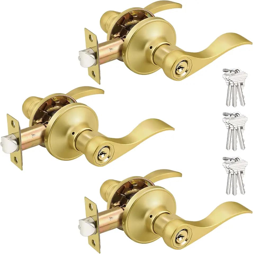 Probrico Brushed Gold Door Handles Front Exterior Door Handles with Lock and Keys, Keyed Alike Gold Entry Door Lever Wave Style Reversible, 3 Pack