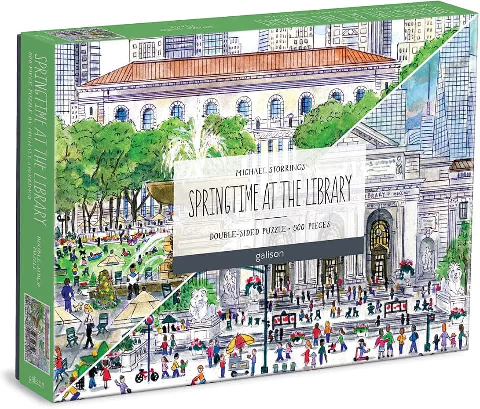 Galison Michael Storrings Springtime at The Library Double-Sided Puzzle, 500 Pieces, 20” x 20” – Two-Sided Jigsaw Puzzle with Stunning Artwork – Thick, Sturdy Pieces, Challenging Family Activity