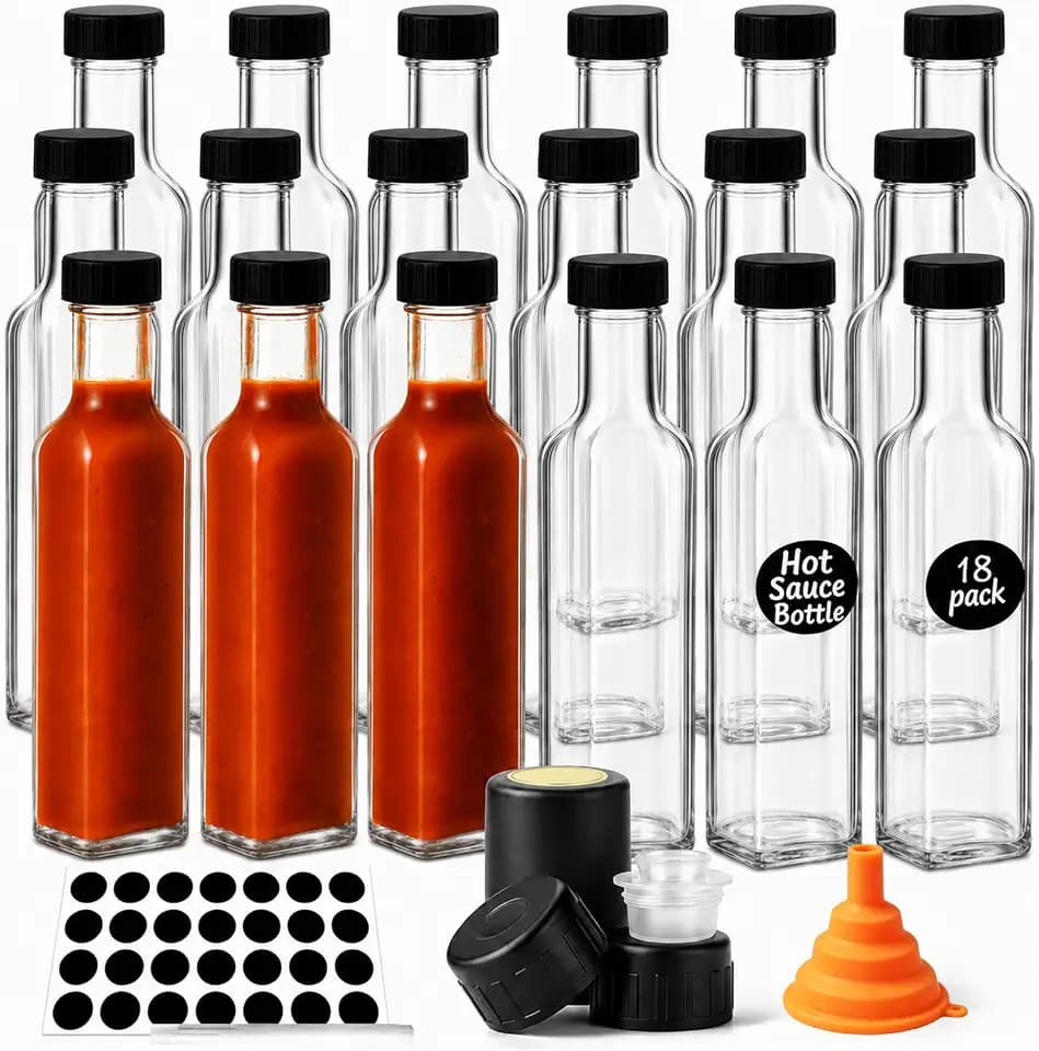 WERTIOO Hot Sauce Bottles 18Pack 8.5oz Square Glass Sauce Bottles with Lids