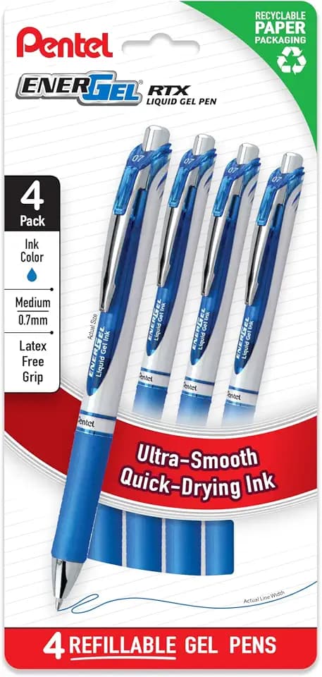 Pentel EnerGel RTX Liquid Gel Pens, Medium (0.7mm), Blue Ink, 4-pk (BL77PF4C)