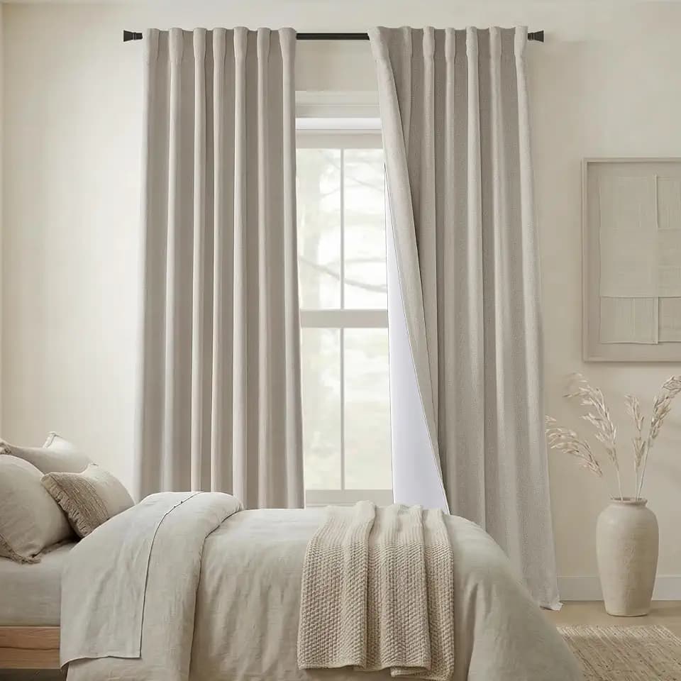 Oatmeal Linen Blackout Curtains 84 Inches Long for Bedroom, Thermal Insulated Black Out Curtain Drapes, Textured Natural Fabric Warm Beige Neutral Farmhouse Darkening Curtain, Cortinas Para Dormitorio