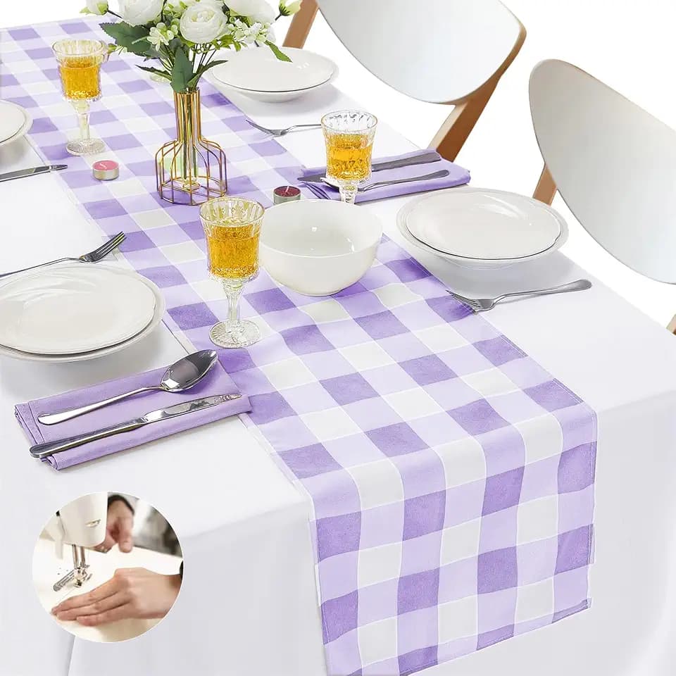 Cupuamon Fabric Checkered Table Runner 6 Pack Waterproof Gingham Table Runner 14W x 108L Buffalo Check Table Runners for Parties Kitchen Dining Wedding Banquet (Lavender and White)