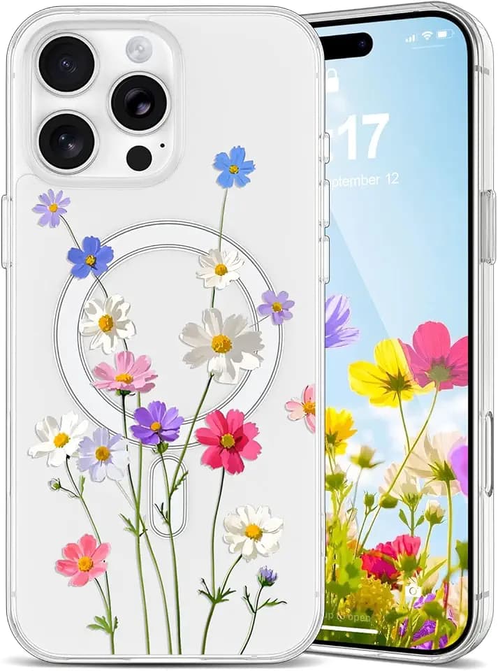 EYZUTAK Magnetic for iPhone 15 Pro Case, Pretty Flower Clear Case,Coreopsis