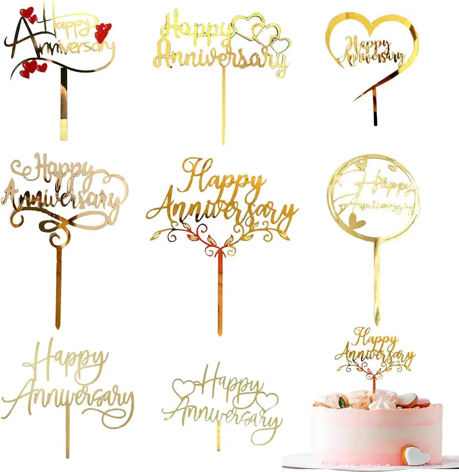 Happy Anniversary Cake Toppers Cupcake Decoration Gold Cupcake Topper 8 Pcs Acrylic Dessert Party Supplies