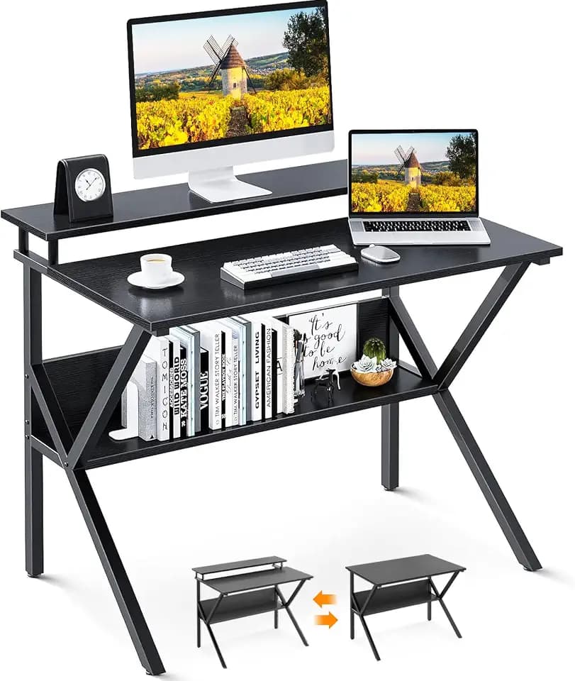ODK 27.5 Inch Small Desk with Storage & Monitor Stand, Black