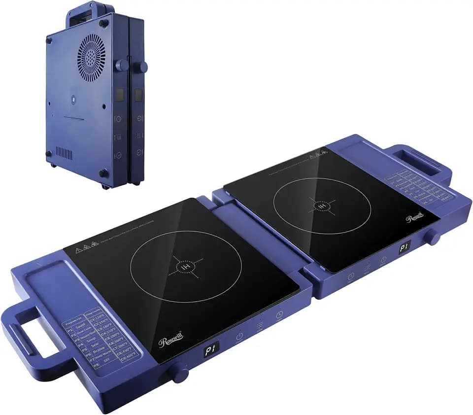 Rosewill Foldable Dual Induction Cooktop Burner, 1800W Portable Double Burner with 8 Cooking Modes & 9-Hour Timer, Auto Shutoff, Electric Stove for Home, Dorms, RVs, Small Kitchen - Blue