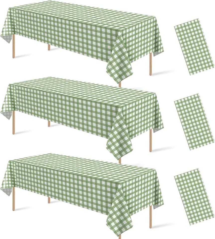 3 Pcs Sage Green Gingham Tablecloths, Checkered Table Covers 54 x 108 Inch