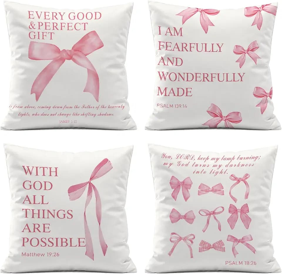 Pink Coquette Room Decor for Teen Girls,Christian Bible Verses Bow Decorative Pillow Covers 18x18 Set of 4,Cute Pink Pillowcase for Bedroom College Dorm Sofa Couch Decor