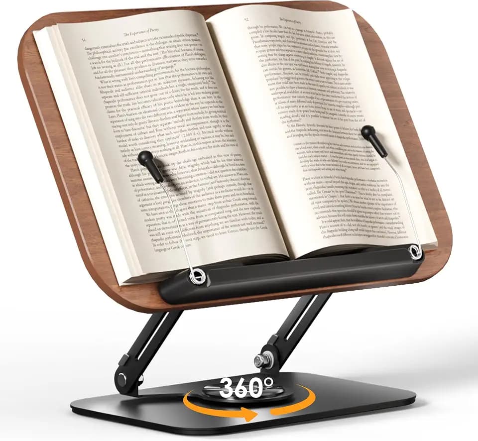 SupeDesk Book Stand for Reading, Adjustable Book Holder with 360° Rotating Bases, Foldable Designs, and Elastic Clips, Multifunctional Display Stand for Recipe, Cookbooks, Magazines, Tablets, Laptops
