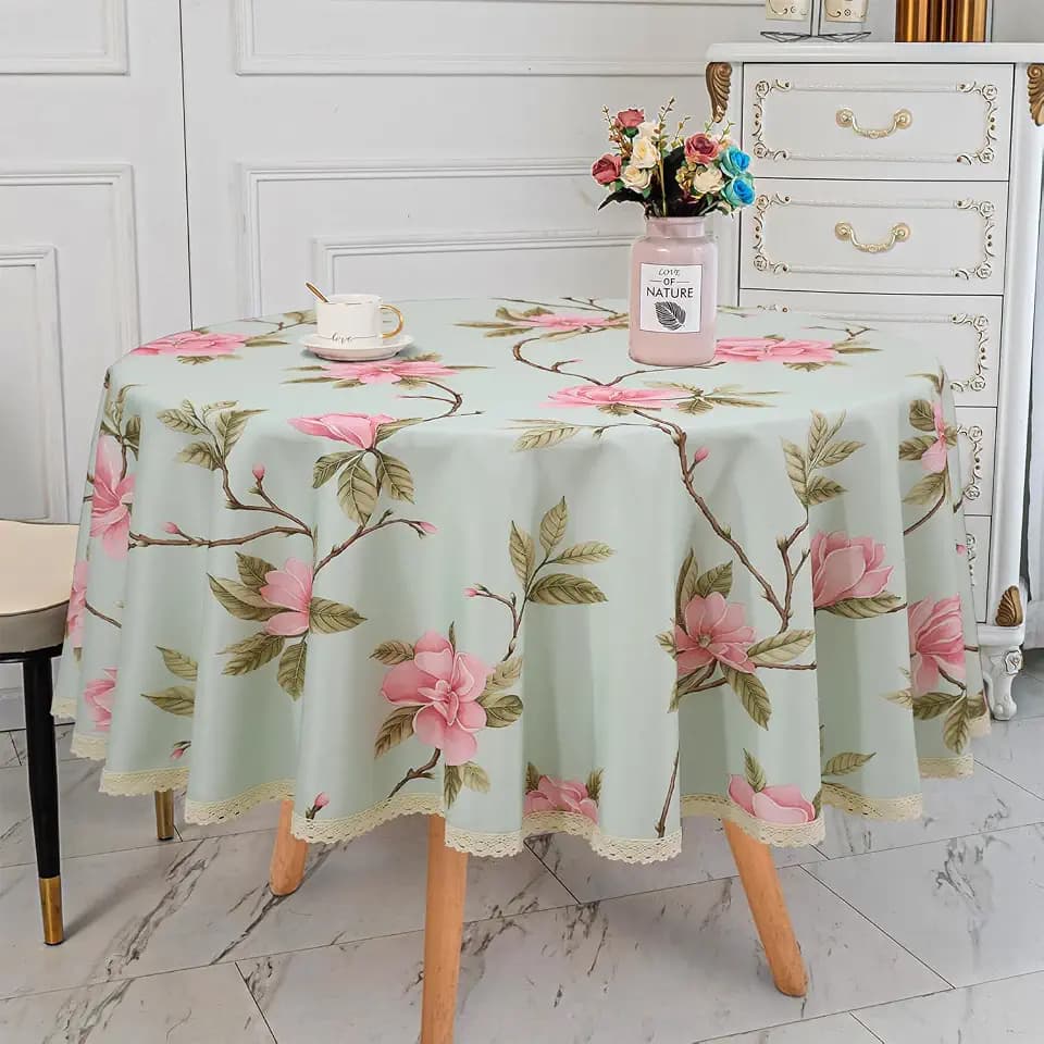 Floral Print Round Tablecloth, Light Green & Pink, 70 Inch