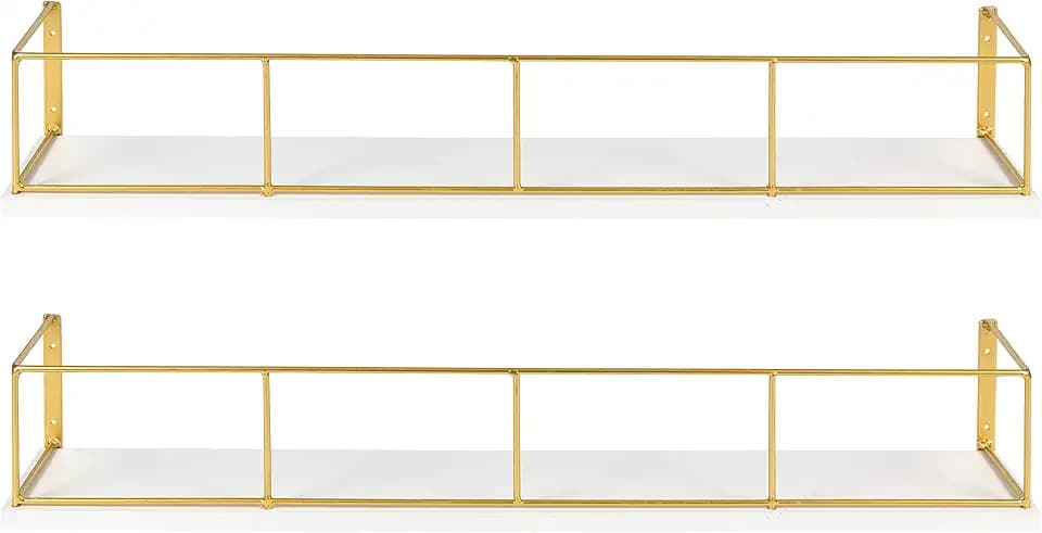 Kate and Laurel Benbrook 24 inch 2-Pack Wood and Metal Floating Wall Shelves, White and Gold