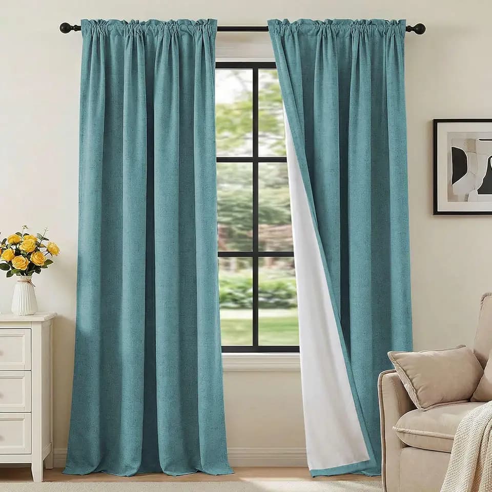 H.VERSAILTEX Linen Look 100% Blackout Curtains 84 Inches Long for Bedroom Full Light Blocking Rod Pocket Linen Textured Thick Window Curtain Drapes with White Backing, Teal, 2 Panels
