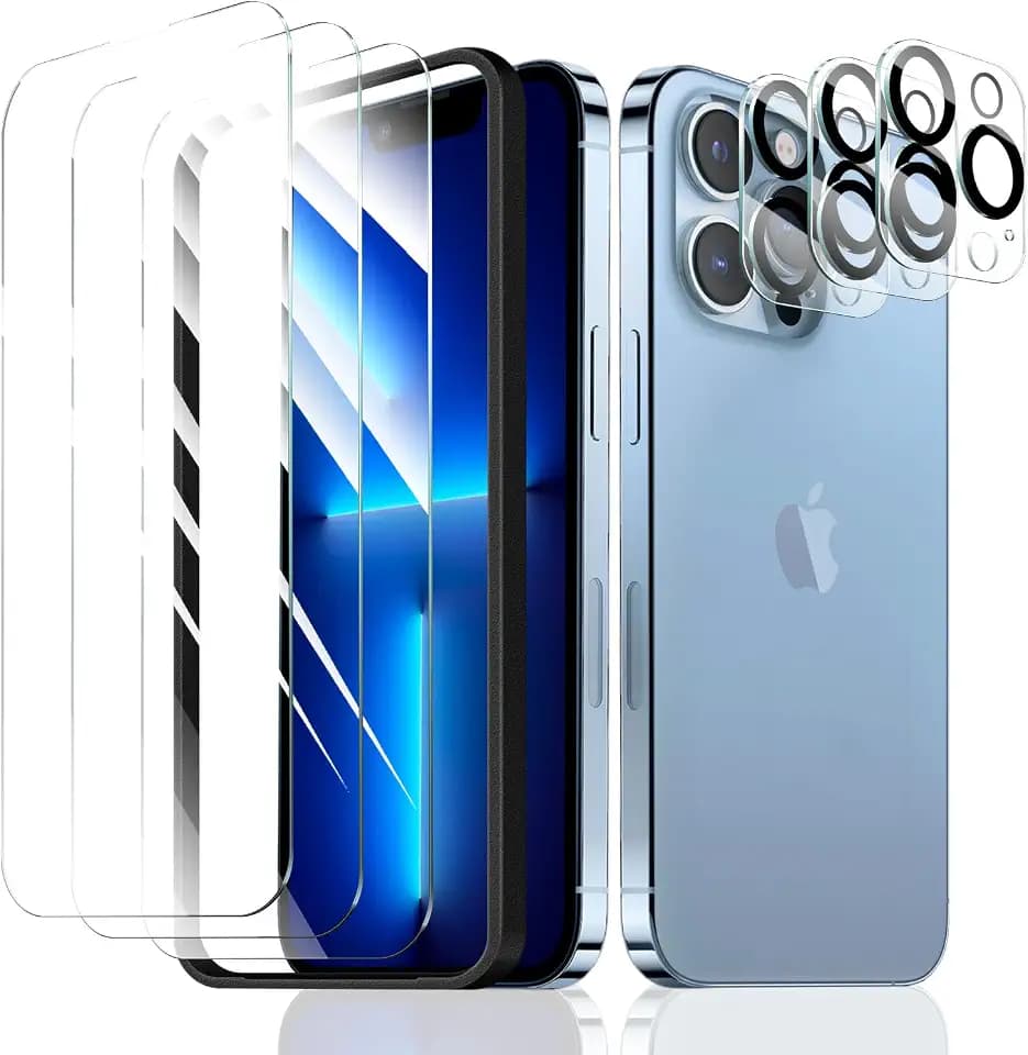 3+3+1-Pack, Screen Protector and Camera Lens Protector for iPhone 13 Pro with Installation Alignment Aid, Tempered Glass Film, Impact-Protection, HD, Anti-Scratch, 9H Hardness