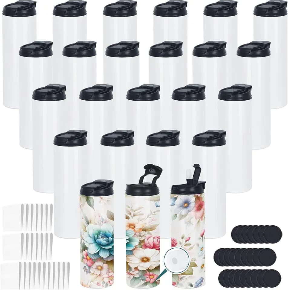 24 Pack 20 Oz Sublimation Tumbler Bulk Straight Skinny, Sublimation Water Bottle Blanks with Flip Straw Lid, Insulated Stainless Steel Dual Opening Blank Bottles Cups for Heat Transfer Diy