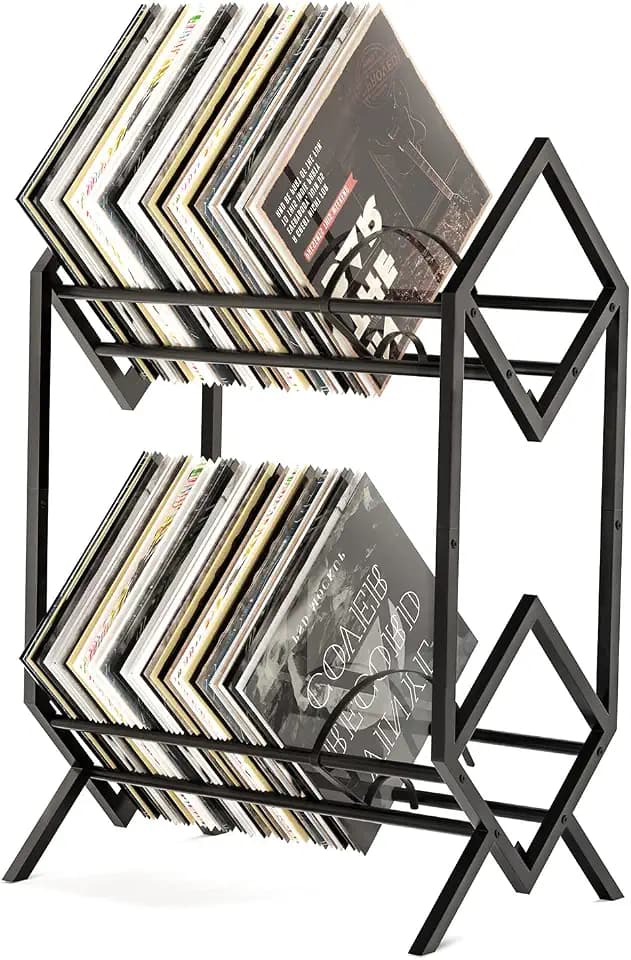 RUILALIFE 2-Tier-Vinyl-Record-Storage-Holder With Dividers, 200 LPs Albums Storage Rack Shelf, Steel Music Records Display Shelf Organizer For Book, Magazine, Files