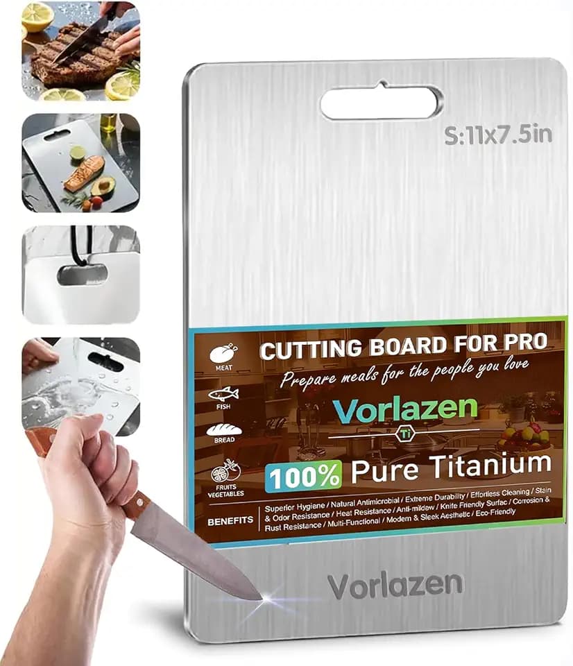 Titanium Cutting Board 100% Pure Titanium Cutting Board, 1.5MM Thickness Double Sided Non Toxic Kitchen Chopping Board with Handle Hole, Hygiene Durable & Dishwasher Safe 11"×7.5" (S)