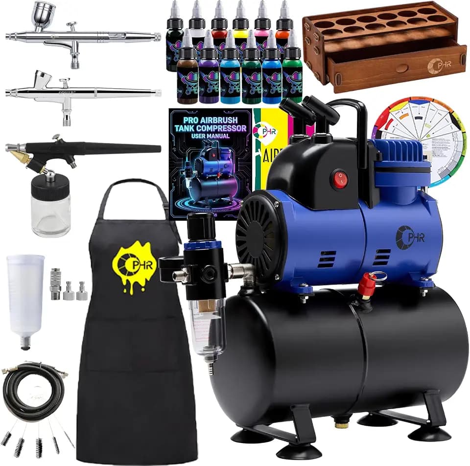 OPHIR Complete Airbrush Compressor with 3 Airbrushes, Tank, Paint & Holder