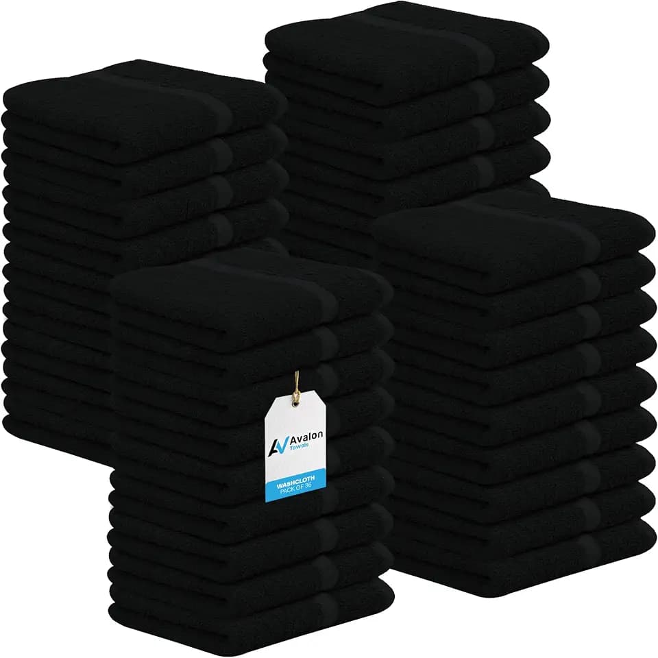 Avalon Towels Black Washcloths Bulk Pack of 36 (12x12 inches) - 100% Cotton Washcloths & Face Towels - Highly Absorbent & Soft Wash Cloths for Showering, Wash Rags for Body & Face Cloths