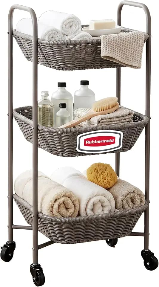 Rubbermaid 3-Tier Rolling Utility Cart, Multifunctional Storage Organizer with Baskets and Lockable Wheels for Bathroom, Kitchen, Living Room, Office, Laundry Room, Dark Gray