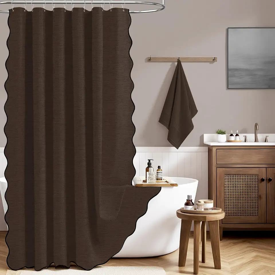 BTTN Brown Boho Scalloped Linen Textured Cloth Shower Curtain Set, 72x72