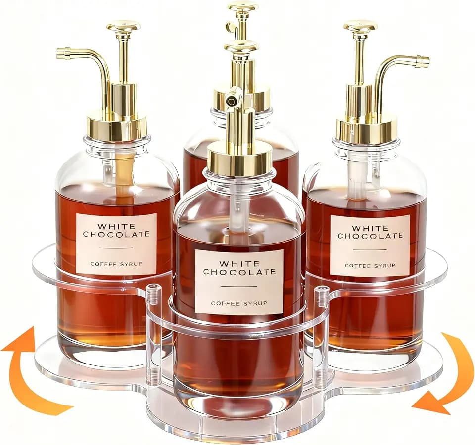 IEEK Rotating Coffee Syrup Organizer,Syrup Bottle Holder for Syrup Dispenser 16.9oz,Clear Acrylic Coffee Syrup Rack for Coffee Bar Station Countertop,Coffee Syrup Turntable Tray