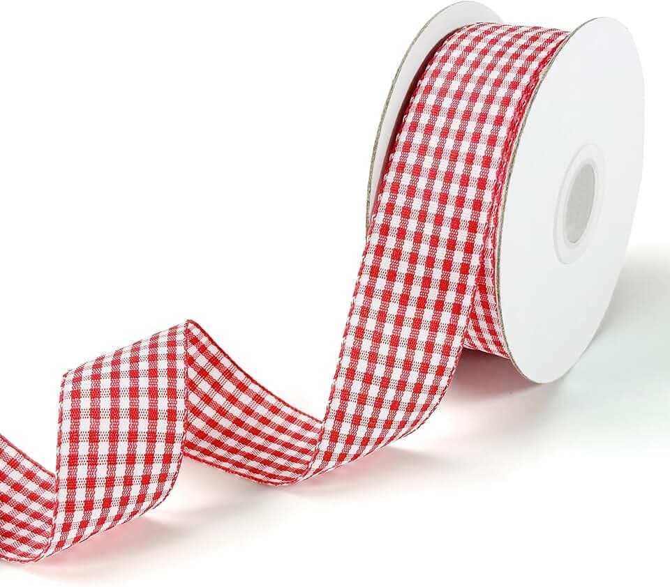 1" Red White Gingham Ribbon Roll, 20 Yards