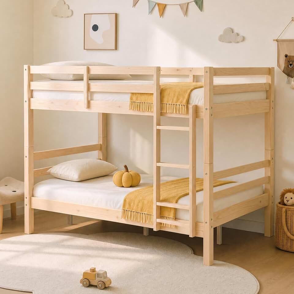 Kiivakii Full Over Full Bunk Bed with Thick Posts, Wood Bunkbed, Natural