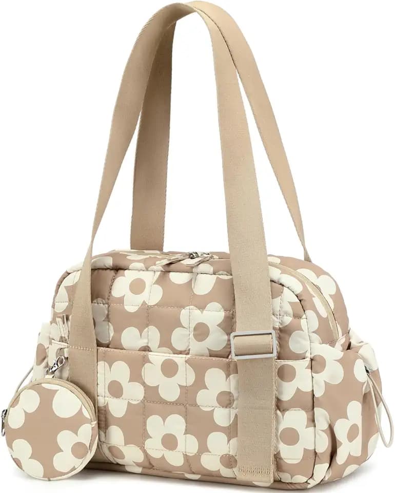 CAMTOP Mini Gym Bag for Women, Small Gym Tote Bag Puffy Quilted Sports Duffel Bag with Wet Compartment and Coin Purse Duffel Bags Dance Yoga Workout Bag for Gifts (Brown Flower, Mini-12.6")