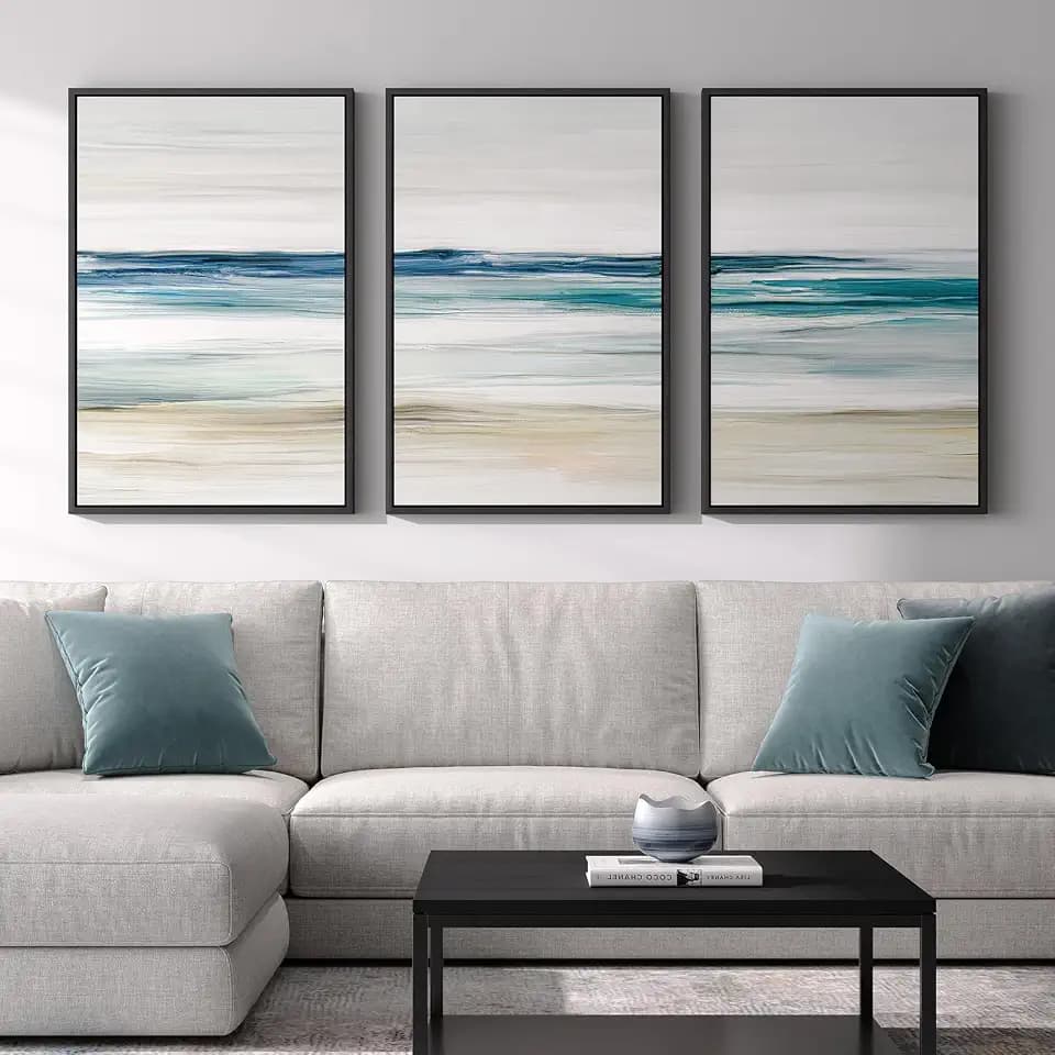 Large Framed Blue Abstract Coastal Ocean Wall Art for Living Room, 24x36 In