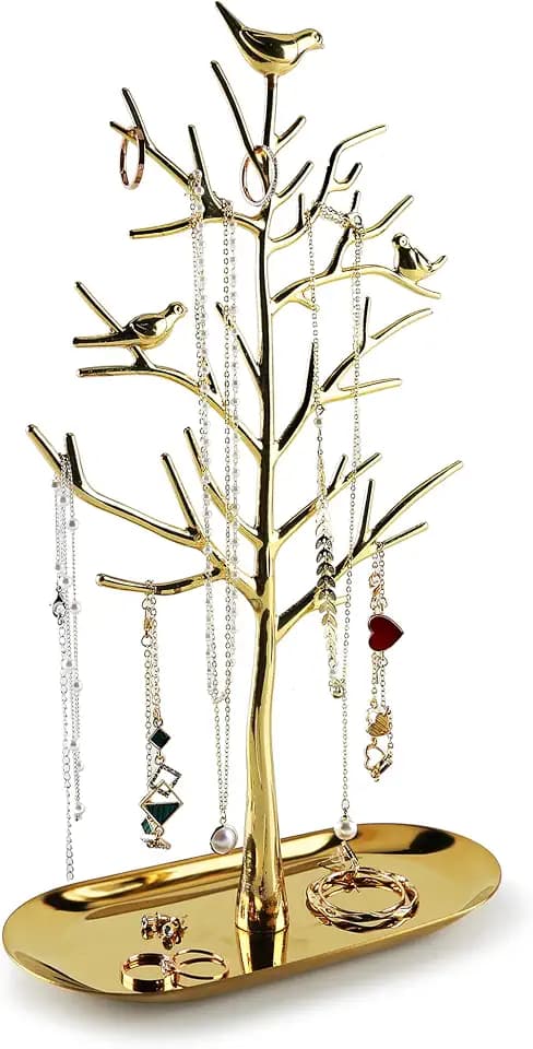 MORE&LESS Branch Jewelry Rack with metal tray,Luxury color,Tree Tower Rack Hanging Organizer for Ring Earrings Necklace Bracelet,Suitable for living rooms, bathrooms,offices,etc.