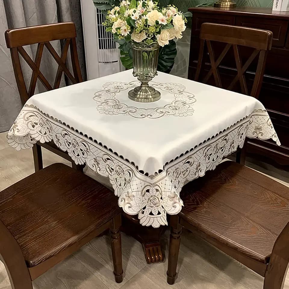Sandweek Square Tablecloth - Stain Resistant Spillproof Flower Embroidered Lace Tablecloths Washable Table Cloth for Dining Room Kitchen Home Decor (Square, 57 X 57 inch)