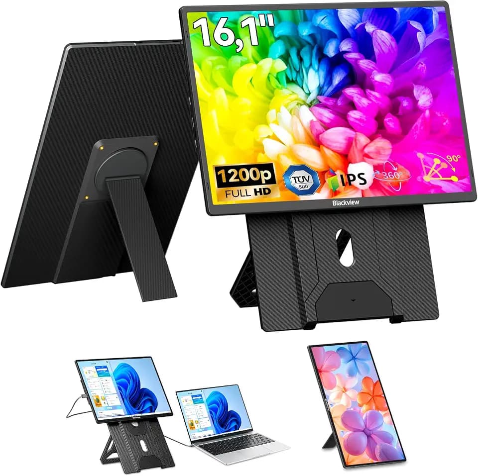 Blackview 16.1 Zoll Ultradünner Portable Monitor, 360° Drehbarer Magnetständer, 1200P 16:10 FHD Laptop Bildschirm erweiterung für Reise & Büro, Plug & Play - Kompatibel mit Windows/Mac/PC/PS5