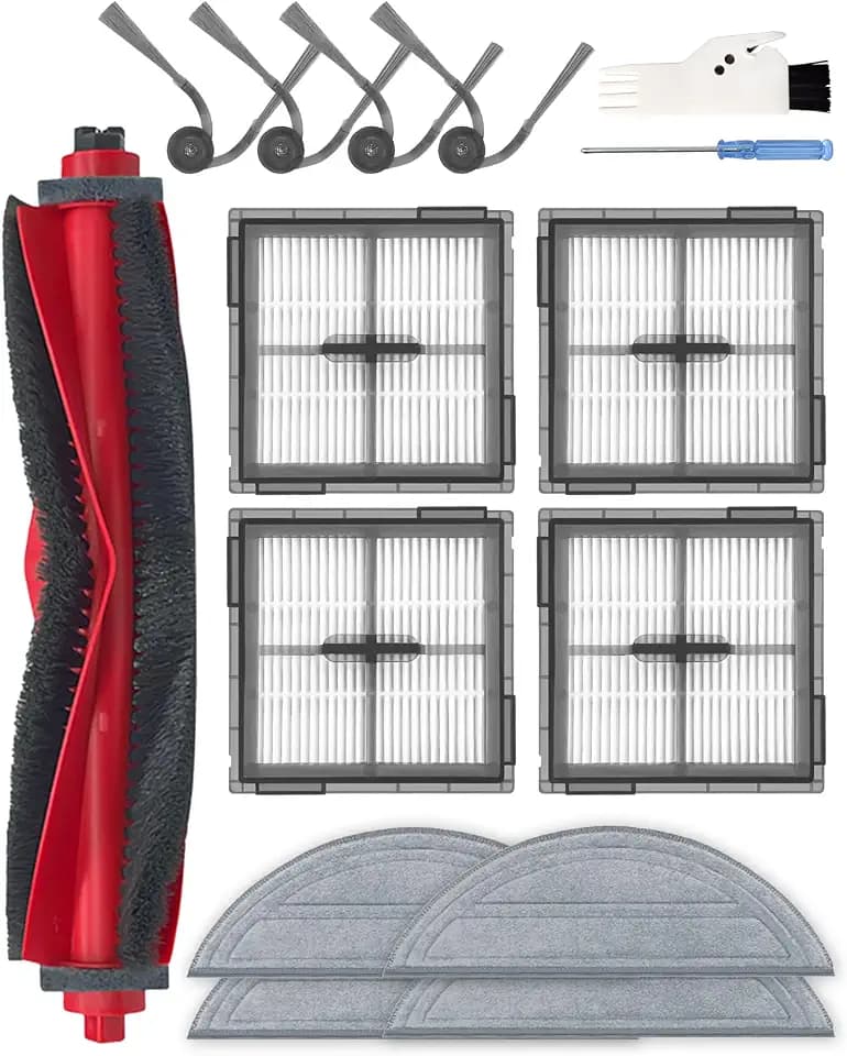 15 Pcs Replacement Parts for Roborock Q10 S5/Q10 S5+ Robot Vacuum Cleaner, Accessories Kit with 1 Main Brush, 4 Side Brushes, 4 HEPA Filters, 4 Mop Pads, 1 Cleaning Brush