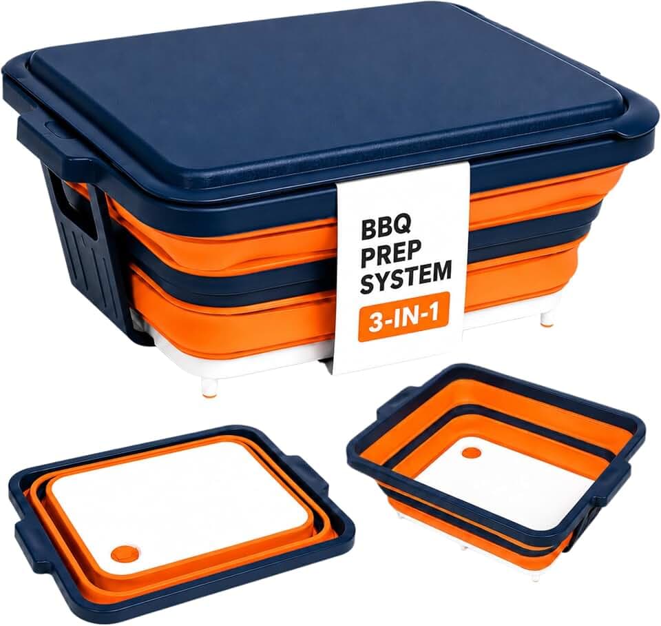 Collapsible BBQ Prep Tub with Convertible Cutting Board Design & Serving Lid – XL Brine Container & Meat Prep System for Brisket, Smoking, Grilling, Camping & Tailgating