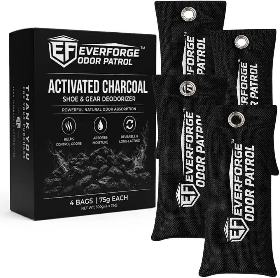 EverForge Odor Patrol Charcoal Odor Absorber Bags, Gym Bag Deodorizer for Shoes, Sneakers, Lockers, Sports Gear, Hockey Bags, Cleats & Cars, Activated Charcoal, Unscented, 4 Pack