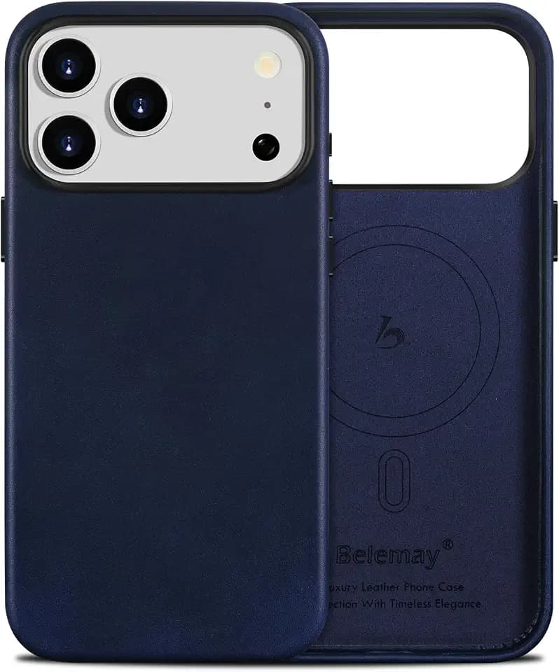 Belemay Vegetable-Tanned Leather Case for iPhone 17 Pro, Navy Blue