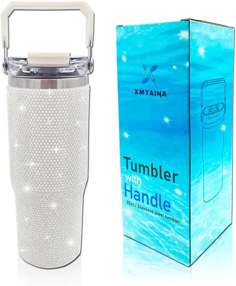 30oz Bling Rhinestone Studded Tumbler with Top Handle and Leakproof Lid Vacuum Insulated Stainless Steel Glitter Crystal Water Bottle with Flip Straw Reusable Cup Outdoors Travel Mugs (Milky)