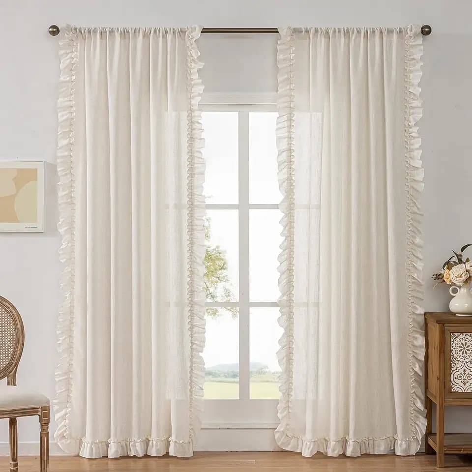Farmhouse Linen Ruffled Curtains for Living Room 58 x 96 Inch, 2 Panels